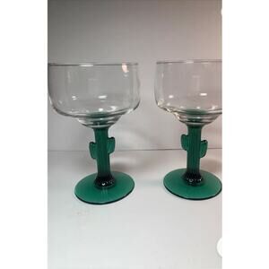 Cactus Margarita Glasses (2) By Libby Vintage 6” Tall 12 Oz Each Wide Salt Rim